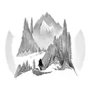 A silhouette of a hiker conquering a mountain peak surrounded by a dense forest tattoo design idea