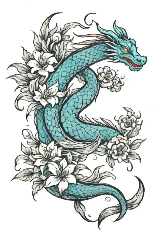 mushu from Mulan with skura flowers surrounding tattoo design idea