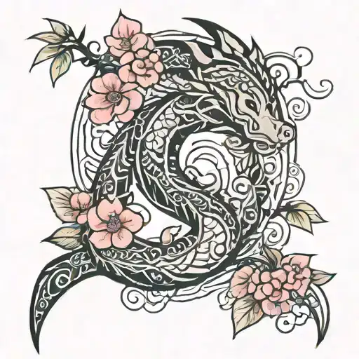 mushu from Moana with Sakura flowers surrounding tattoo design idea