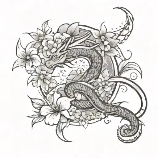mushu from Moana with Sakura flowers surrounding tattoo design idea
