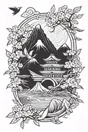Japanese style, mountain, ocean, cherry blossom tree, paper crane, black and white tattoo design idea