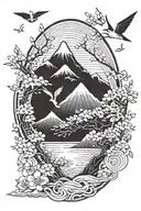 Japanese style, mountain, ocean, cherry blossom tree, paper crane, black and white tattoo design idea