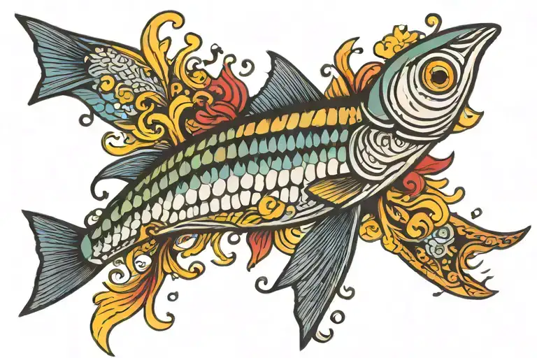 sardine with colorful tile pattern tattoo design idea