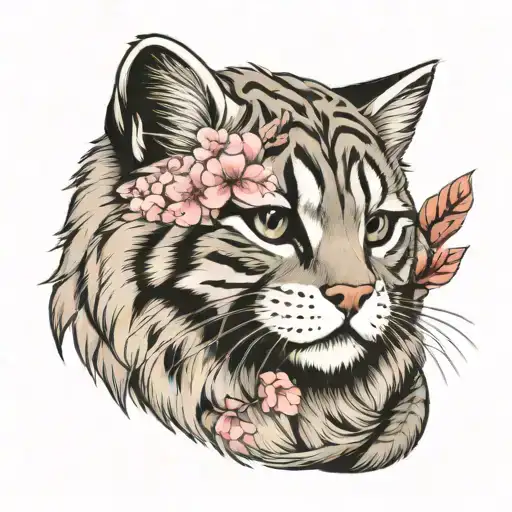 pallas cat head. Background sakura tree . vawes ornament.  tattoo design idea