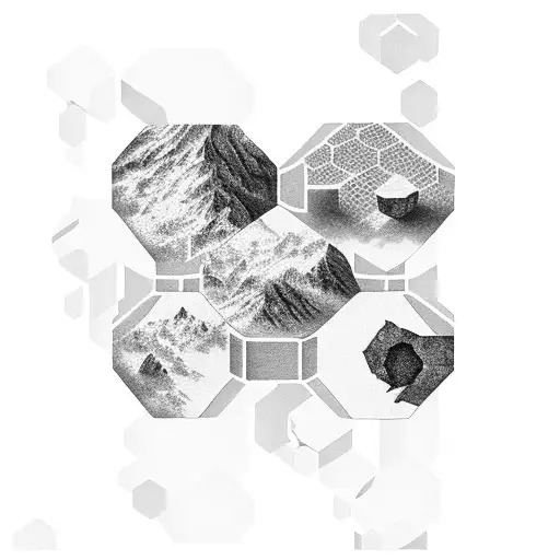 honeycomb hexagons containing scenes in each, new orleans Jackson square, rocky mountain front range, pnw evergreens fog tattoo design idea