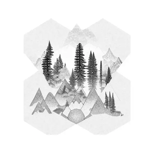 honeycomb frames with different scenes in each, Jackson square, rocky mountains, pnw evergreens tattoo design idea