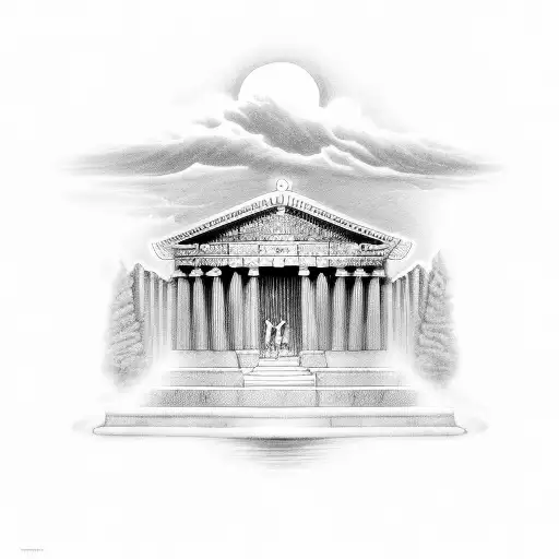 apthrodite in front of greek temple tattoo design idea