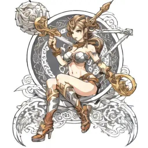 Full body depiction of Warrior Princess Sugie tattoo design idea