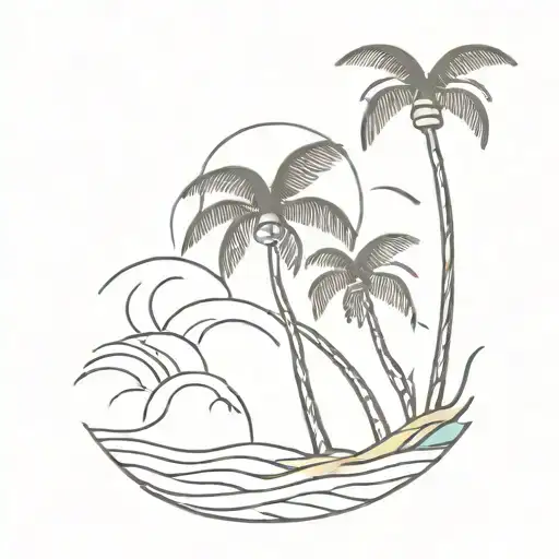 palm tree with ocean waves on the beach sunset tattoo design idea