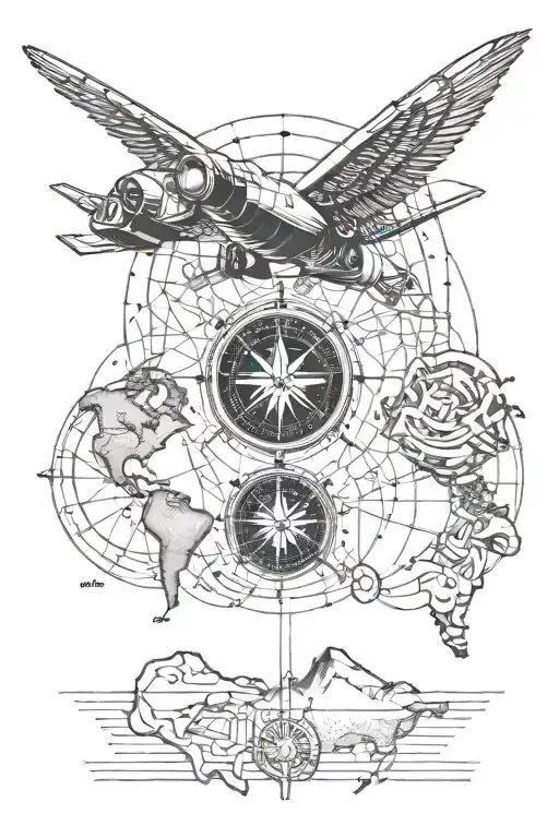 map with compass and continents with a jet engine on it tattoo design idea