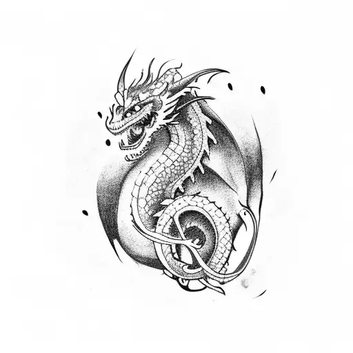 A dotwork tattoo of a dragon wrapped around a music note tattoo design idea