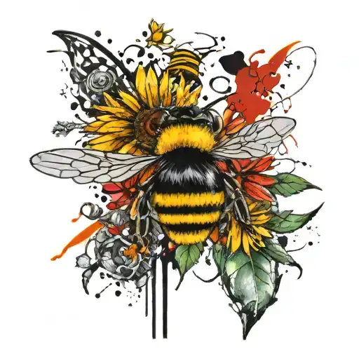 bee and cross with sunflowers  tattoo design idea