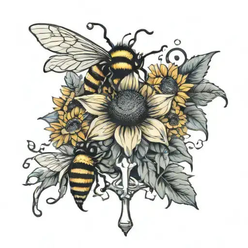 bees and cross with sunflowers  tattoo design idea