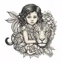 Roman Little girl with black hair, Cattleya's & a lion tattoo design idea