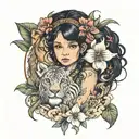 Roman Little girl with black hair, Cattleya's & a lion tattoo design idea