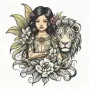 Roman Little girl with black hair, Cattleya's & a lion tattoo design idea