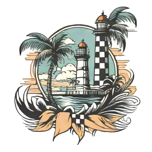 lighthouse and palm tree and checkered flag  tattoo design idea