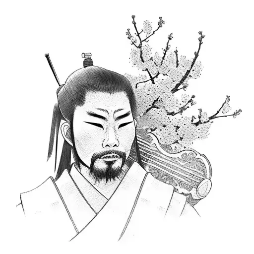 A samurai warrior playing a musical instrument surrounded by blooming cherry blossom trees tattoo design idea