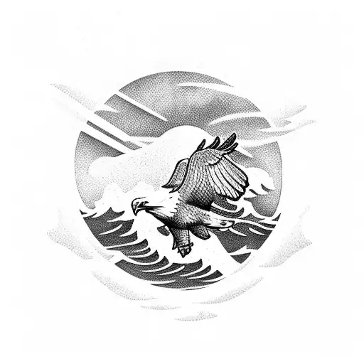 A tattoo of an eagle soaring above a beach, with waves crashing below and a sun setting in the background tattoo design idea