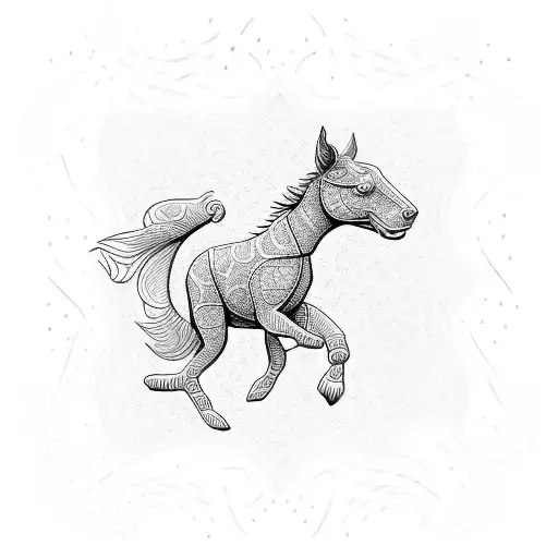 An intricate dotwork design featuring a kelpie running alongside a triathlon logo tattoo design idea