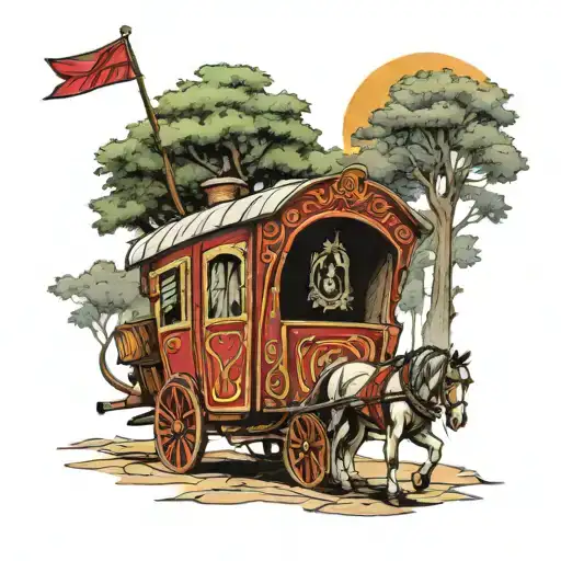 gypsy wagon with a horse and gypsy flag on the road in the woods tattoo design idea
