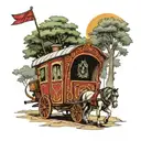 gypsy wagon with a horse and gypsy flag on the road in the woods tattoo design idea
