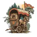 gypsy wagon with a horse and gypsy flag on the road in the woods tattoo design idea