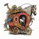 gypsy wagon with a horse and gypsy flag on the road in the woods tattoo design idea