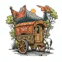 gypsy wagon with a horse and gypsy flag on the road in the woods tattoo design idea