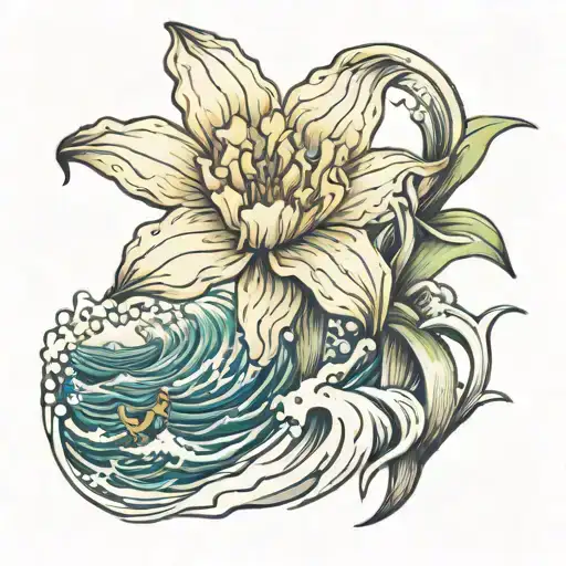 daffodil bud  growing out of an ocean wave tattoo design idea