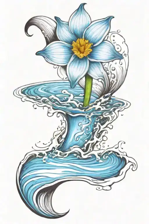 Vibrant blue ocean, wave crashing around a single black and white daffodil bud  tattoo design idea