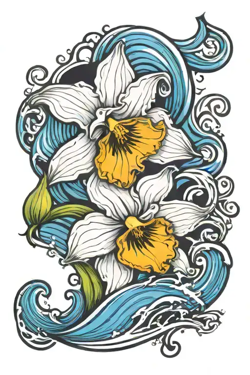 Vibrant blue ocean, wave crashing around a single black and white daffodil bud  tattoo design idea