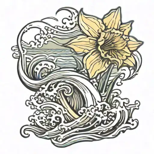 abandoned daffodil bud bursting through an ocean wave tattoo design idea