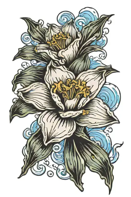 Single, black and white daffodil, bud, inside a vibrant blue crashing wave. daffodil stem and leaves are wave water tattoo design idea