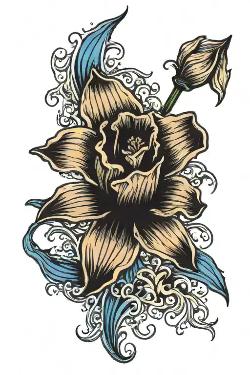 Single, delicate black and white daffodil, bud, inside a vibrant blue crashing wave   tattoo design idea