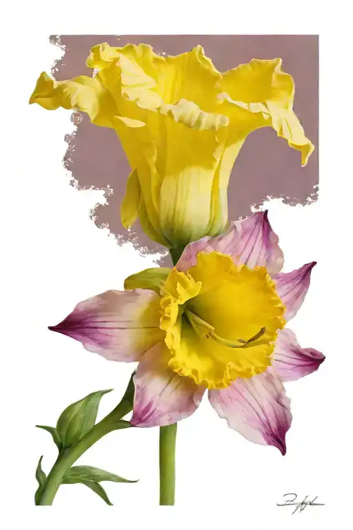 Single, black and white daffodil, bud, inside a vibrant blue crashing wave. daffodil stem and leaves are wave water tattoo design idea