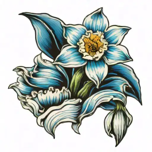 Single, black and white daffodil, bud, wrapped in vibrant blue ocean wave tattoo design idea