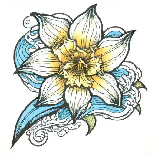 Single, black and white daffodil, bud, inside a vibrant blue wave wave   tattoo design idea