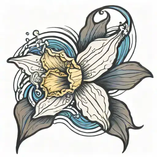 Single, black and white daffodil, bud, inside a vibrant blue crashing wave   tattoo design idea