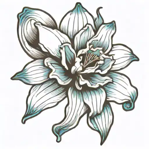 Single, black and white daffodil, bud, wrapped in vibrant blue ocean wave tattoo design idea