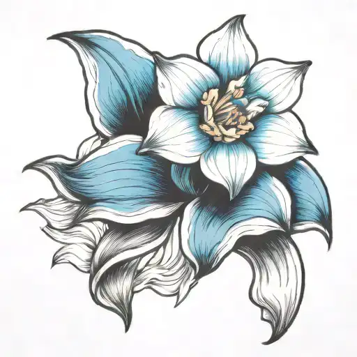 Single, black and white daffodil, bud, wrapped in vibrant blue ocean wave tattoo design idea