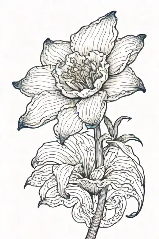 Vibrant blue ocean, wave crashing around a single black and white daffodil bud  tattoo design idea