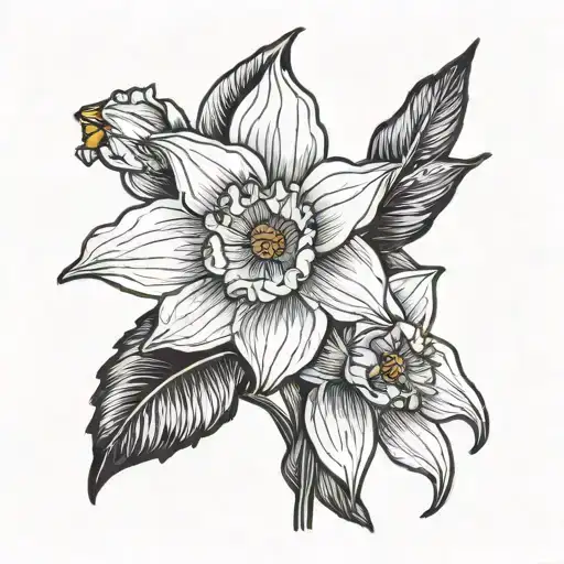 black and white daffodil bud nestled in vibrant tropical foliage giving a clear  contrast of color behind black & white tattoo design idea