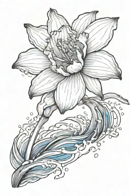 Vibrant blue ocean, wave crashing around a single black and white daffodil bud  tattoo design idea