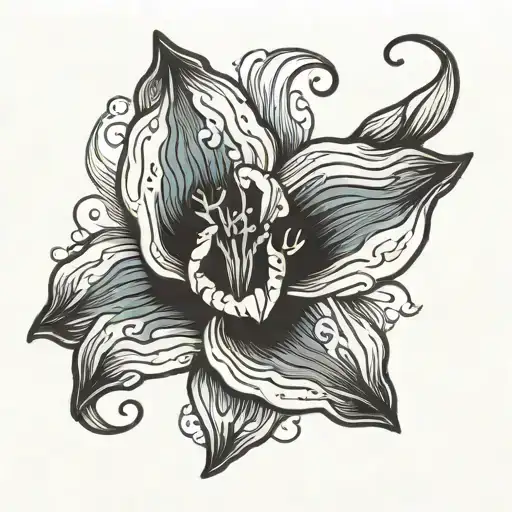 Single, delicate black and white daffodil, bud, inside a vibrant blue crashing wave   tattoo design idea