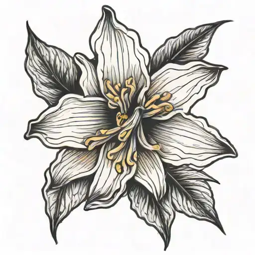 black and white daffodil bud nestled in vibrant tropical foliage giving a clear  contrast of color behind black & white tattoo design idea