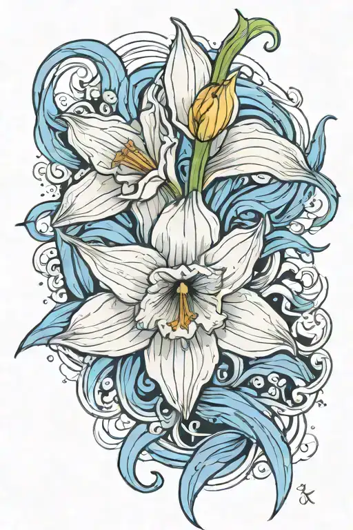 Single, delicate black and white daffodil, bud, inside a vibrant blue crashing wave   tattoo design idea