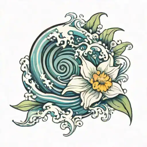 daffodil bud bursting through an ocean wave tattoo design idea