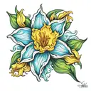 sassy daffodil bud bursting through vibrant blue ocean wave tattoo design idea