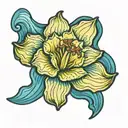 sassy daffodil bud bursting through vibrant blue ocean wave tattoo design idea